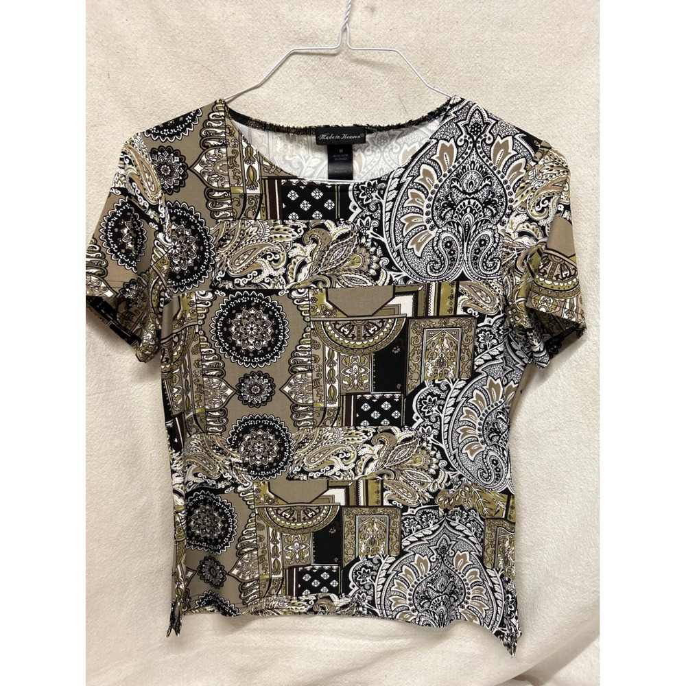 Made in Heaven Womens M Paisley Patchwork Short Sleeve Top Black Tan USA